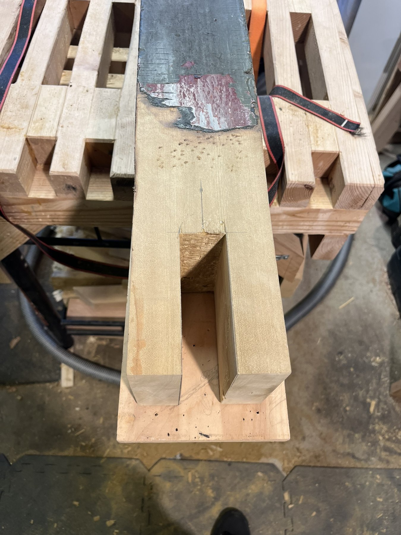 Hand-cut open bridle joint at the end of a porch post